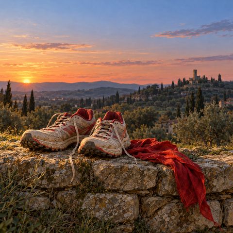 Due scarpe da corsa su un muretto, accanto alla sciarpa rossa di Gnicche