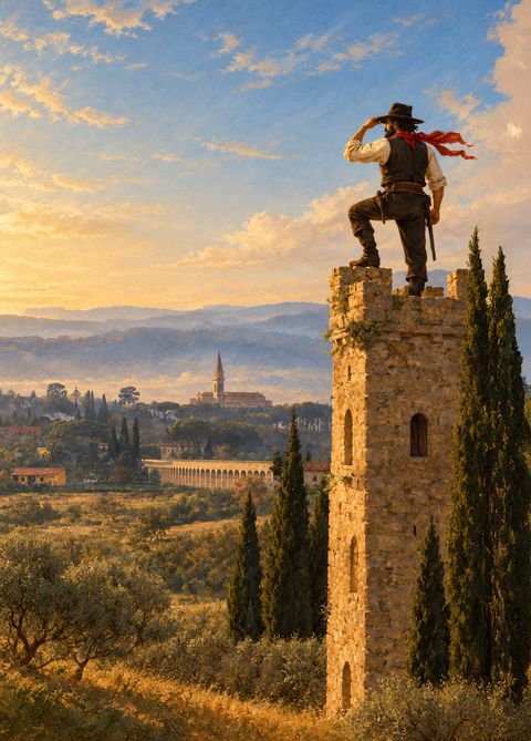 Gnicche, di spalle in cima alla sua torre, guarda Arezzo